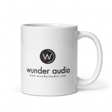 White glossy mug with Wunder Audio logo